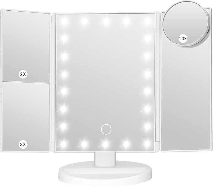 GenericLED Makeup Mirror with Lights, 3 Panel, 10X Magnification, White Tri-fold LED makeup mirror with adjustable lighting, 1X, 2X, 3X and 10X magnification, USB or battery powered.