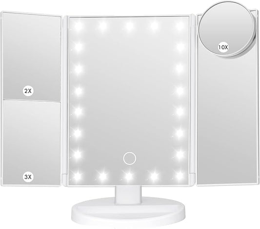 GenericLED Makeup Mirror with Lights, 3 Panel, 10X Magnification, White Tri-fold LED makeup mirror with adjustable lighting, 1X, 2X, 3X and 10X magnification, USB or battery powered.