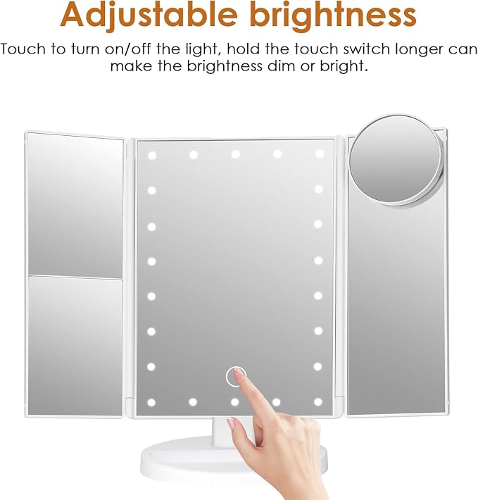 GenericLED Makeup Mirror with Lights, 3 Panel, 10X Magnification, White Tri-fold LED makeup mirror with adjustable lighting, 1X, 2X, 3X and 10X magnification, USB or battery powered.