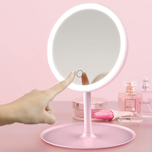 Pink Portable LED Makeup Mirror with Touch Control LED Ring Light, Touch Sensor, Vanity Mirror, Portable Design, Storage Base